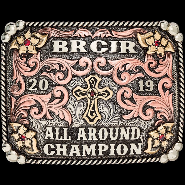 The Calico Custom Belt Buckle features a german silver base with bead and rope frame, copper scrollwork and bronze flowers. Customize this belt buckle now!

 German Silver base with a German Silver bead and rope edge.  Copper overlays with Jewelers Bron